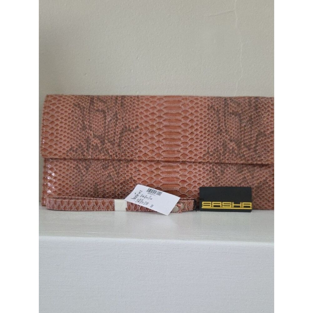 NWT Sasha Snakeskin-Embossed Leather Clutch With Detachable Shoulder Strap